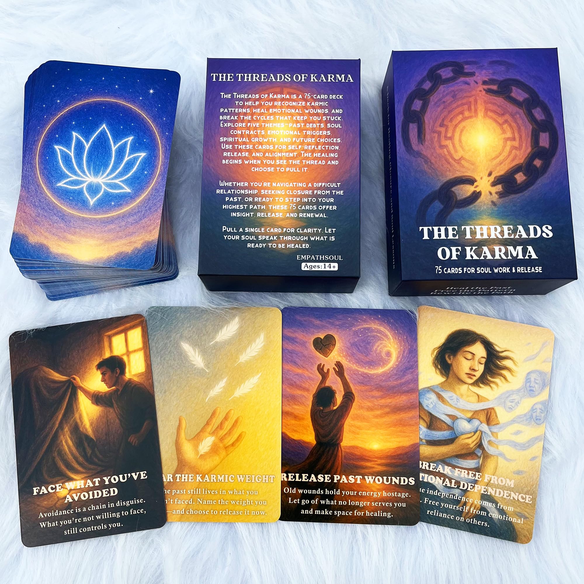 DPEHAKMK Karmic Healing Deck front view invites reflective journaling and daily spiritual practice.