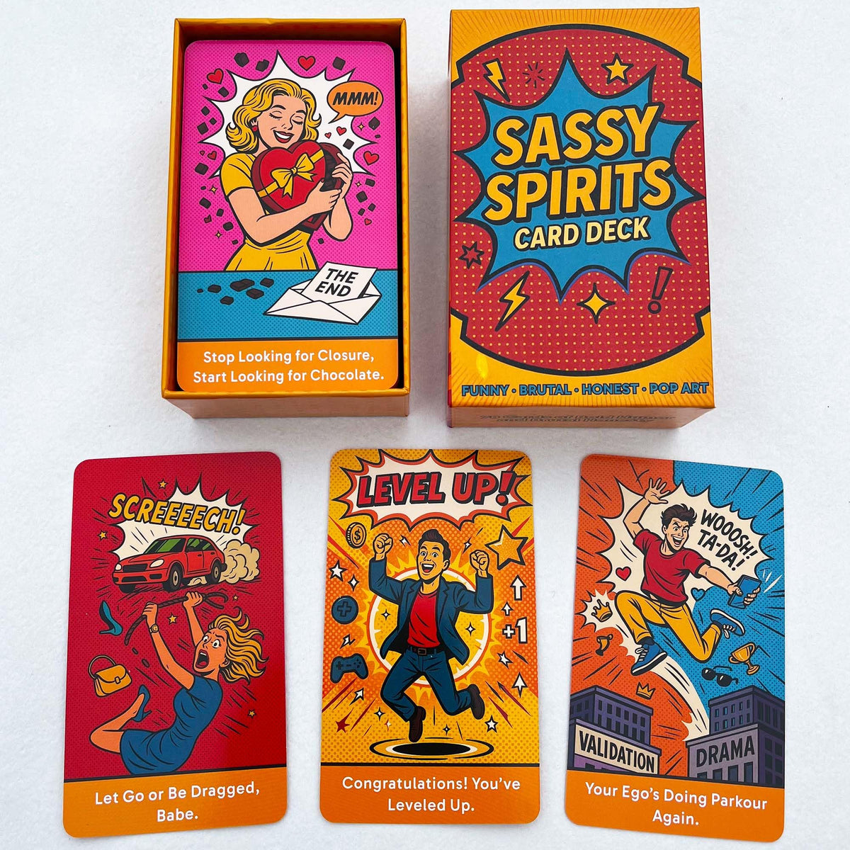 DPEHAKMK Sassy Spirits Deck cover with bold pop-art invites quick, no-nonsense readings.
