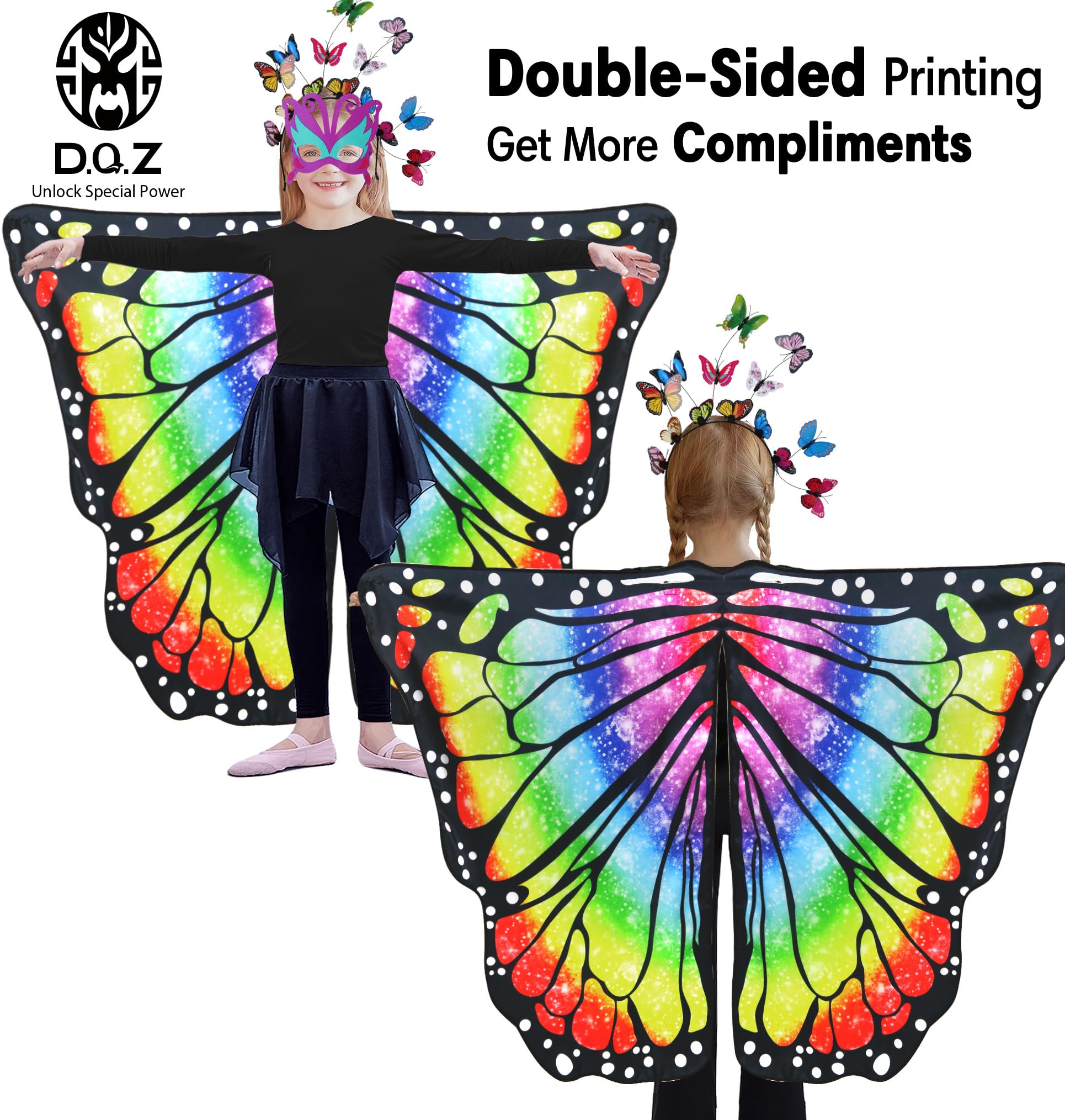 DQZ two-sided butterfly wings provide soft, comfortable wear for imaginative play.