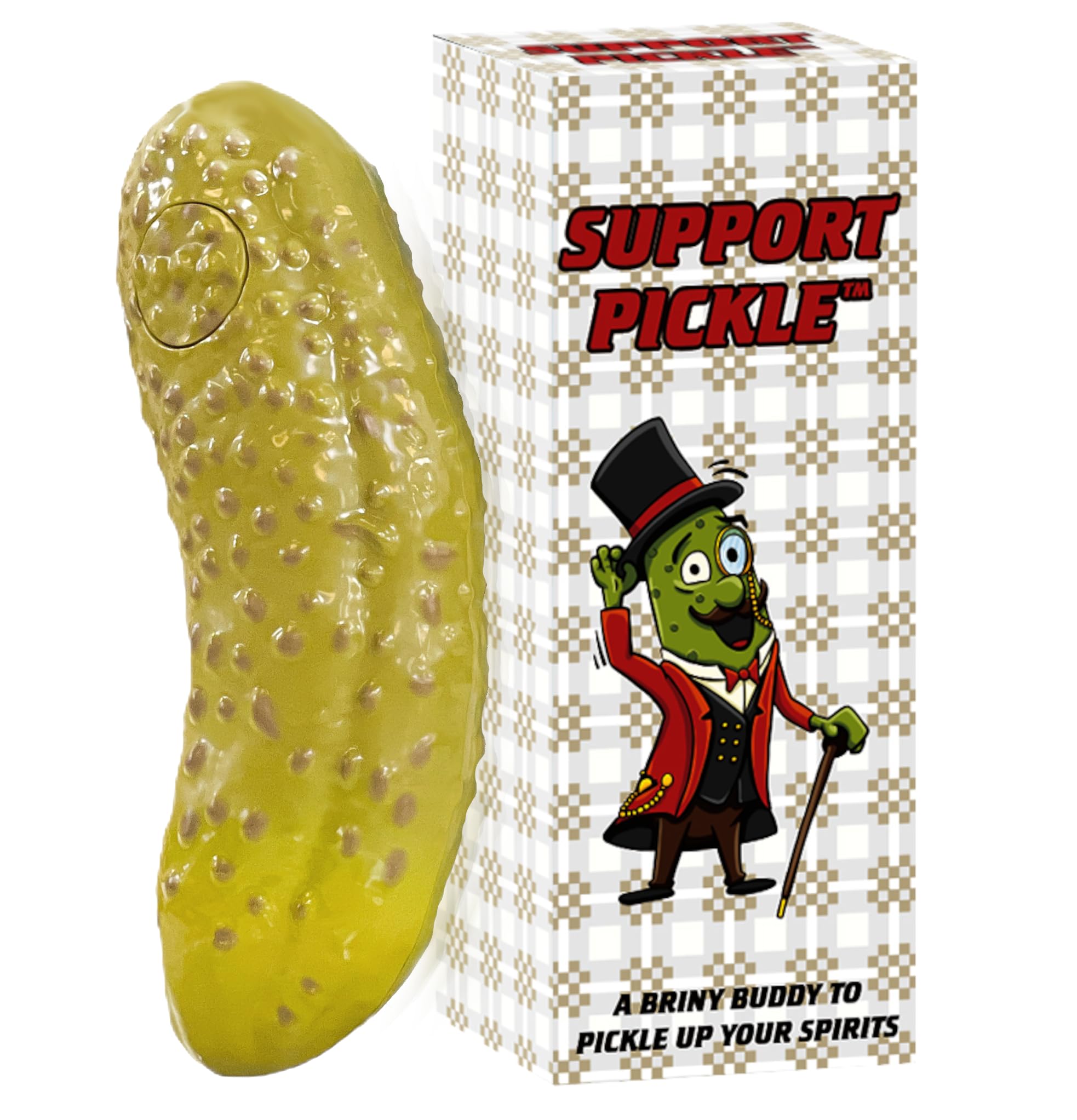 DR DINGUS emotional support pickle packaging shows the product and 100 phrases for motivation