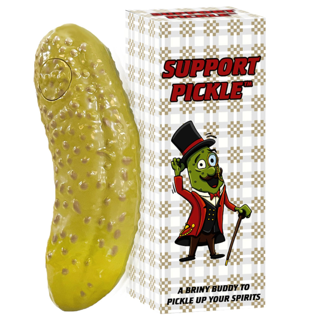 DR DINGUS emotional support pickle packaging shows the product and 100 phrases for motivation