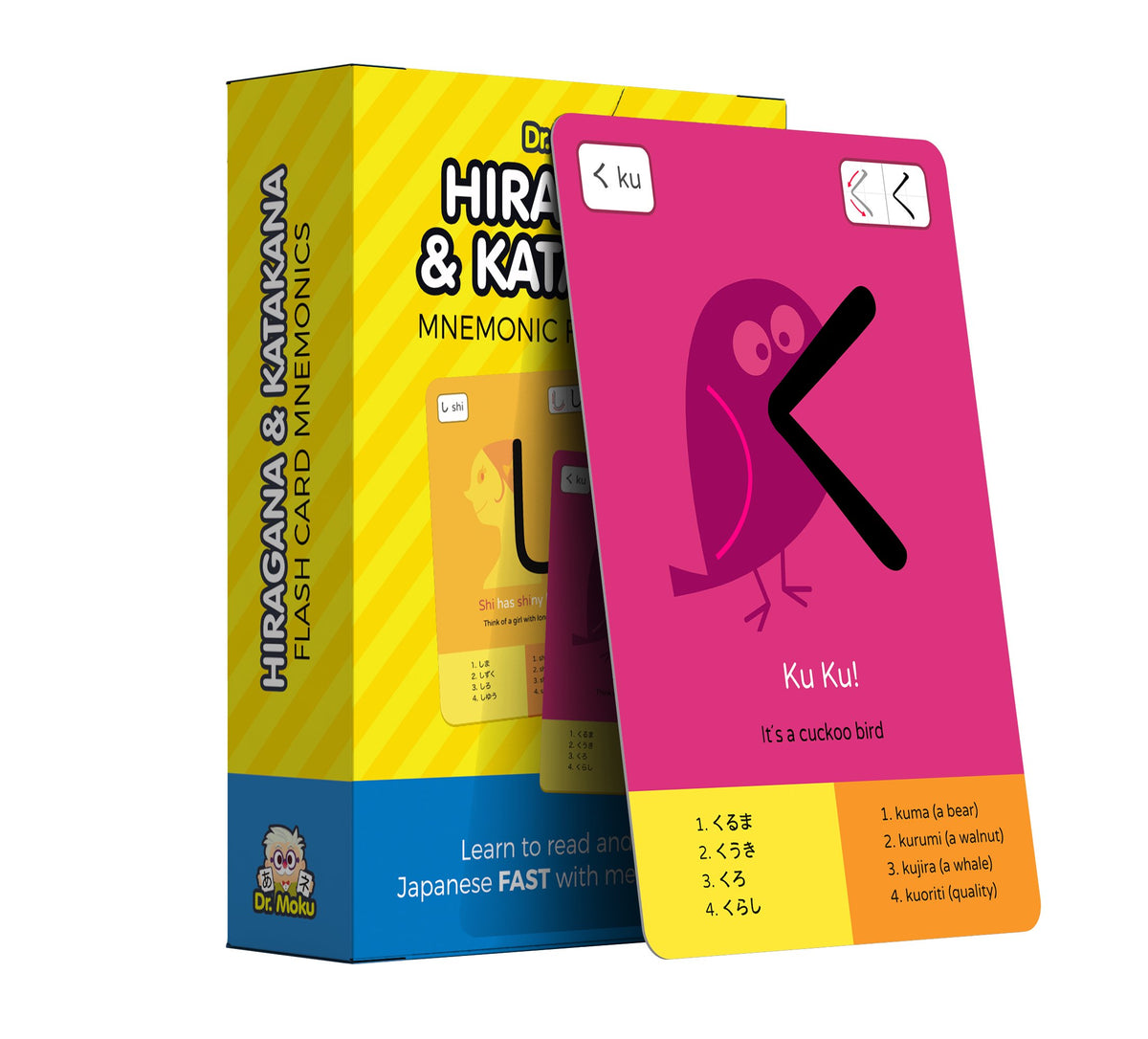 Dr Moku flash cards cover image showing the complete kana learning system for beginners