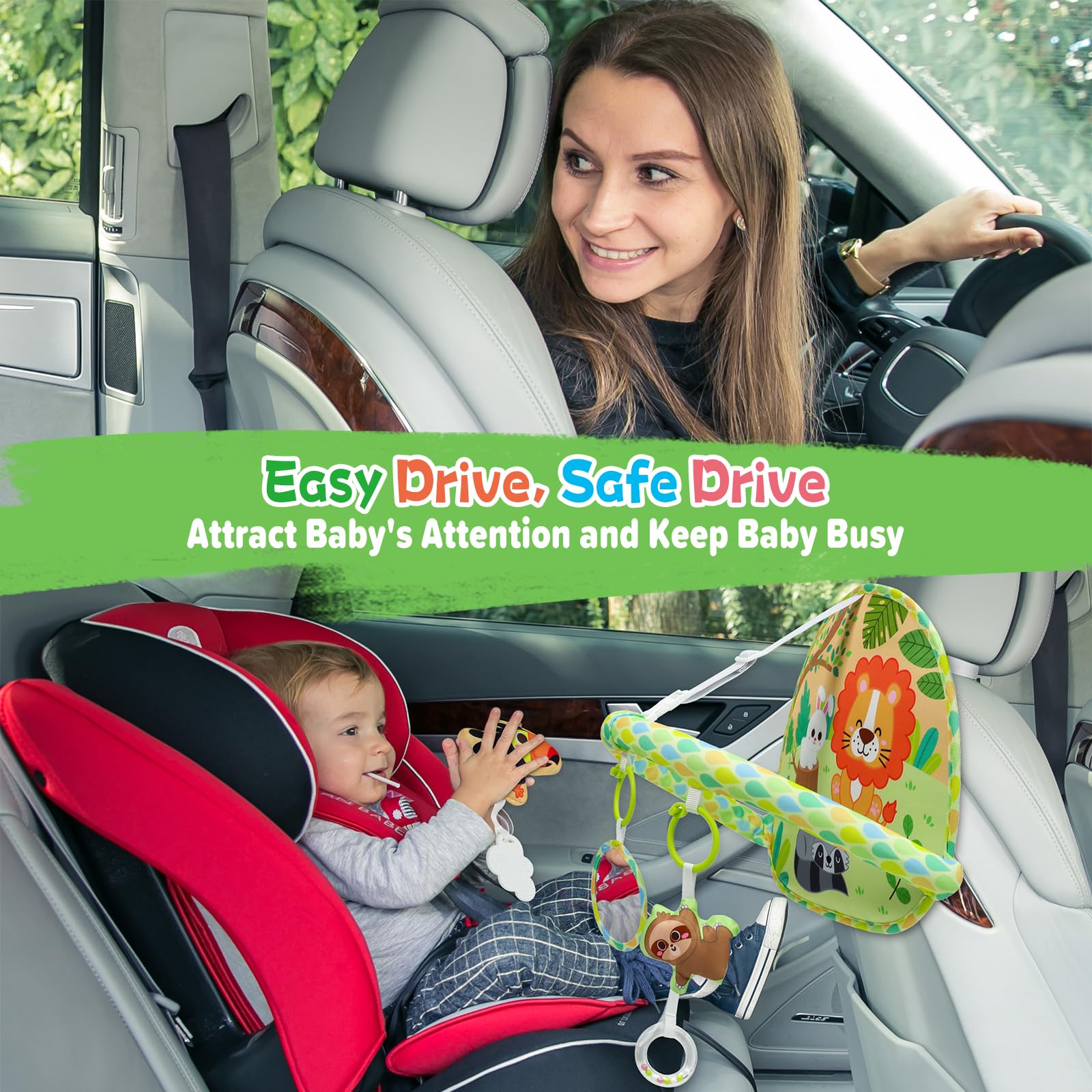 Dr.Rapeti buckle-setup toy attached to car seat for easy setup
