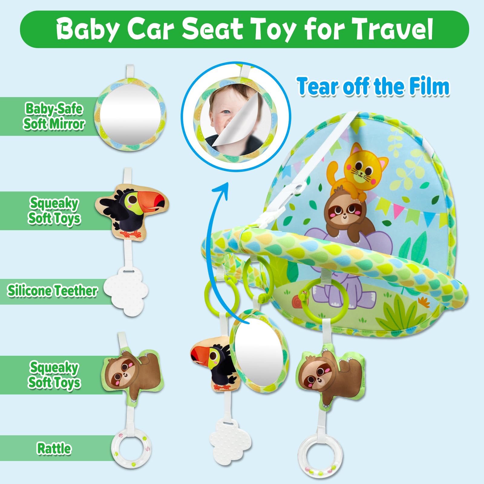 Dr.Rapeti car seat toy featuring a rattle to encourage grasping and exploration