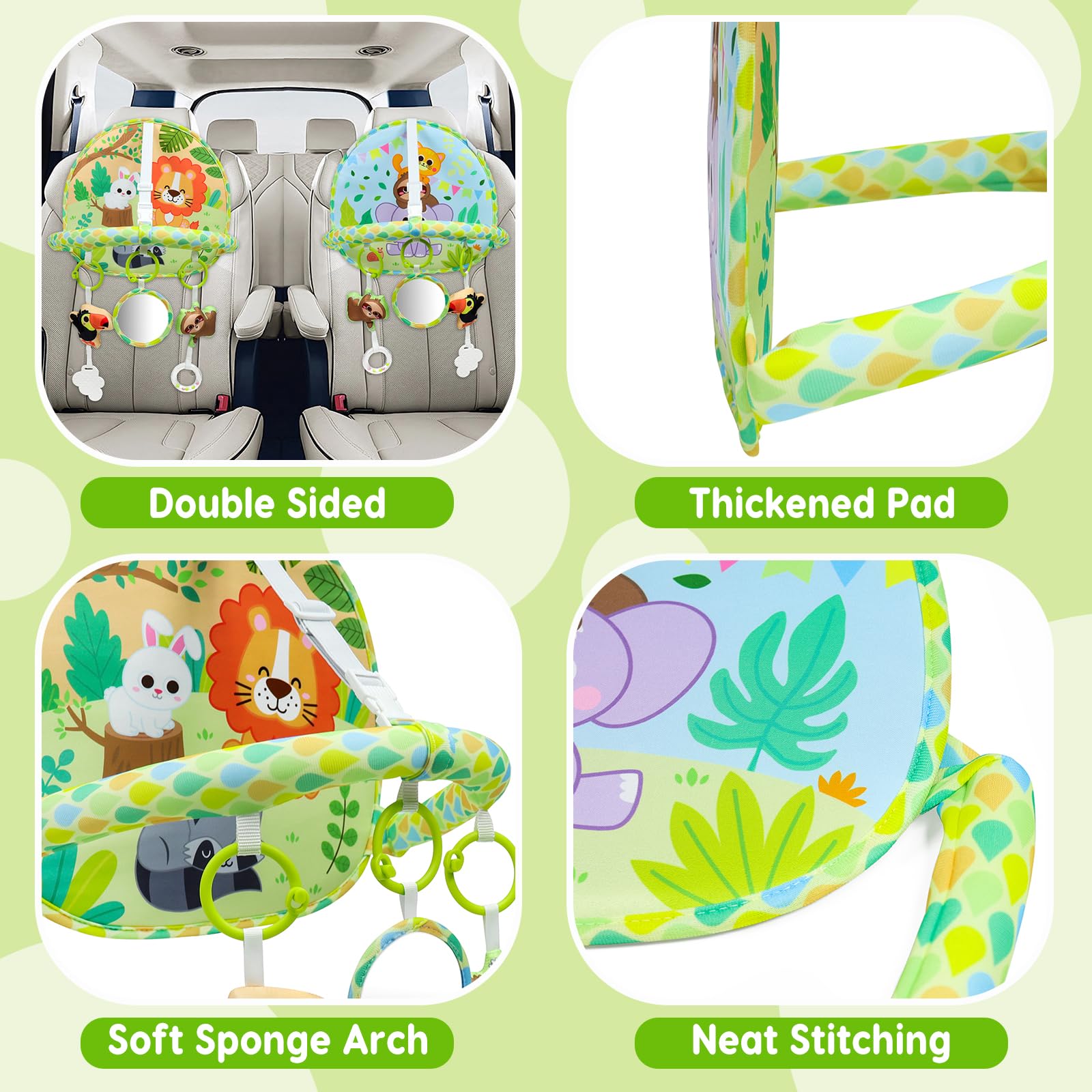 Dr.Rapeti baby car seat toy showing soft mirror for visual tracking in motion