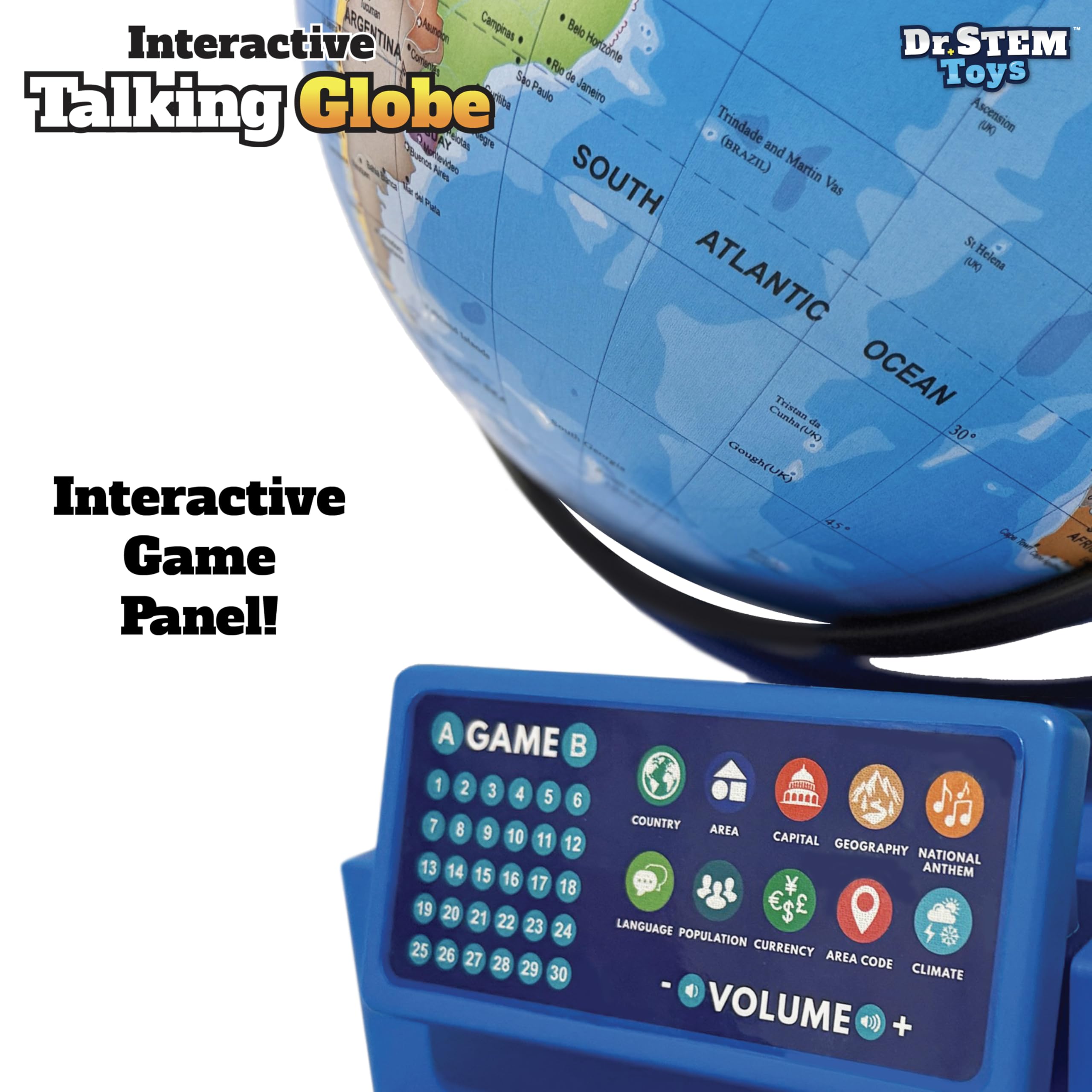 Dr. STEM Toys battery-powered interactive globe requires two AAA batteries.