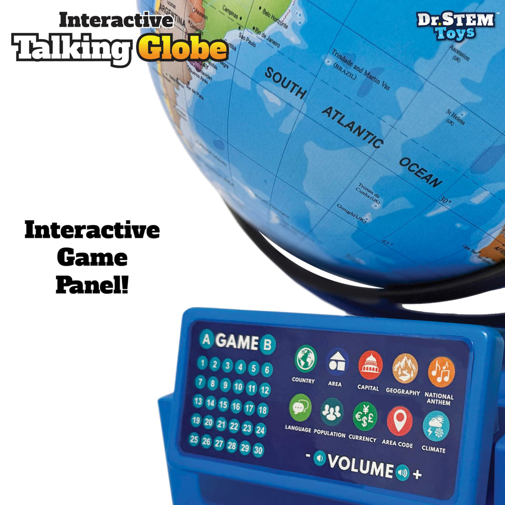 Dr. STEM Toys battery-powered interactive globe requires two AAA batteries.