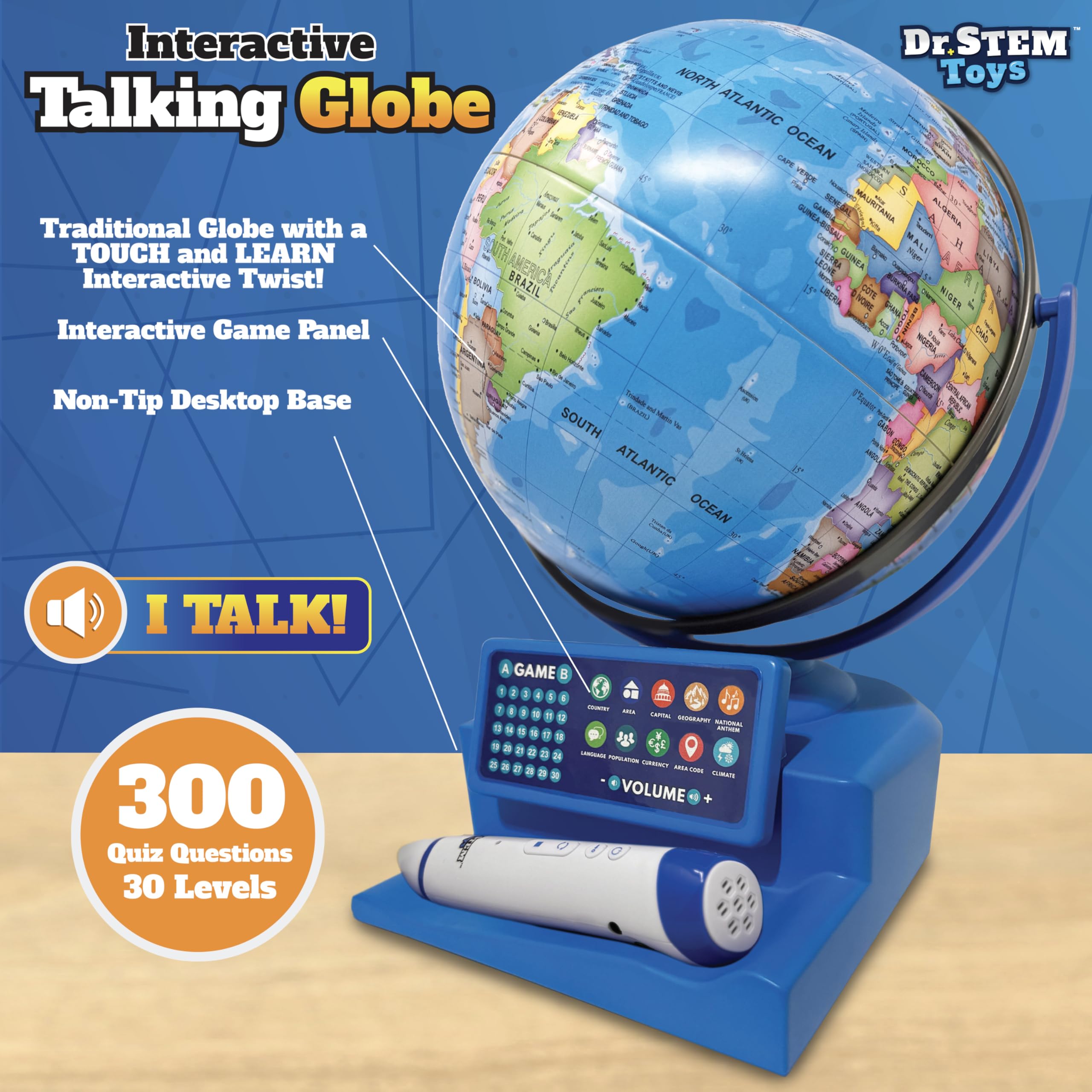 Dr. STEM Toys globe with 300+ questions across 30 levels.