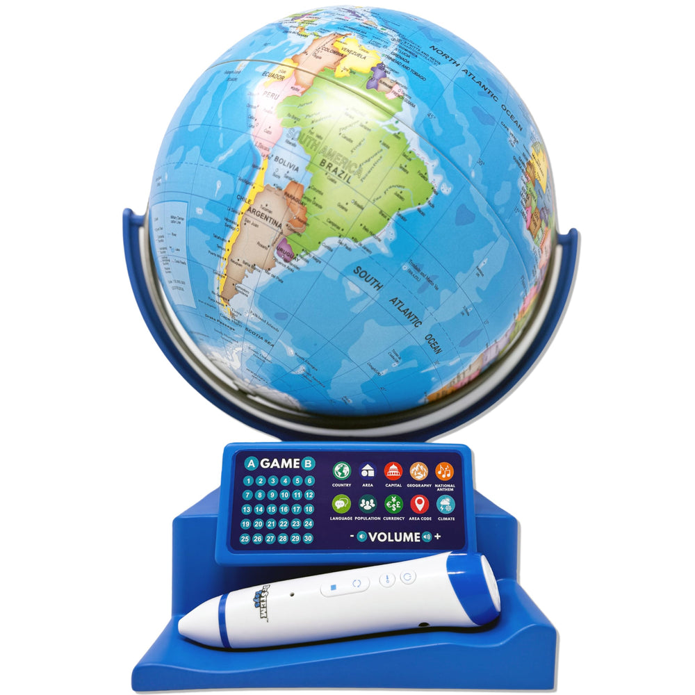 Dr. STEM Toys interactive globe with stylus touch unlocking geography facts.