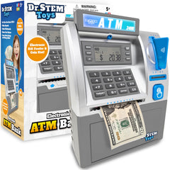 Dr. STEM Toys Kids ATM bill feeder in action demonstrating deposits and money handling
