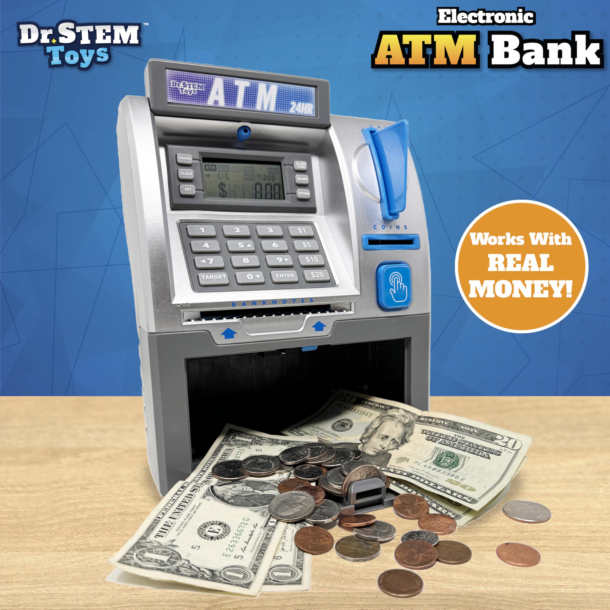 Dr. STEM Toys ATM LCD display displaying current balance for math learning