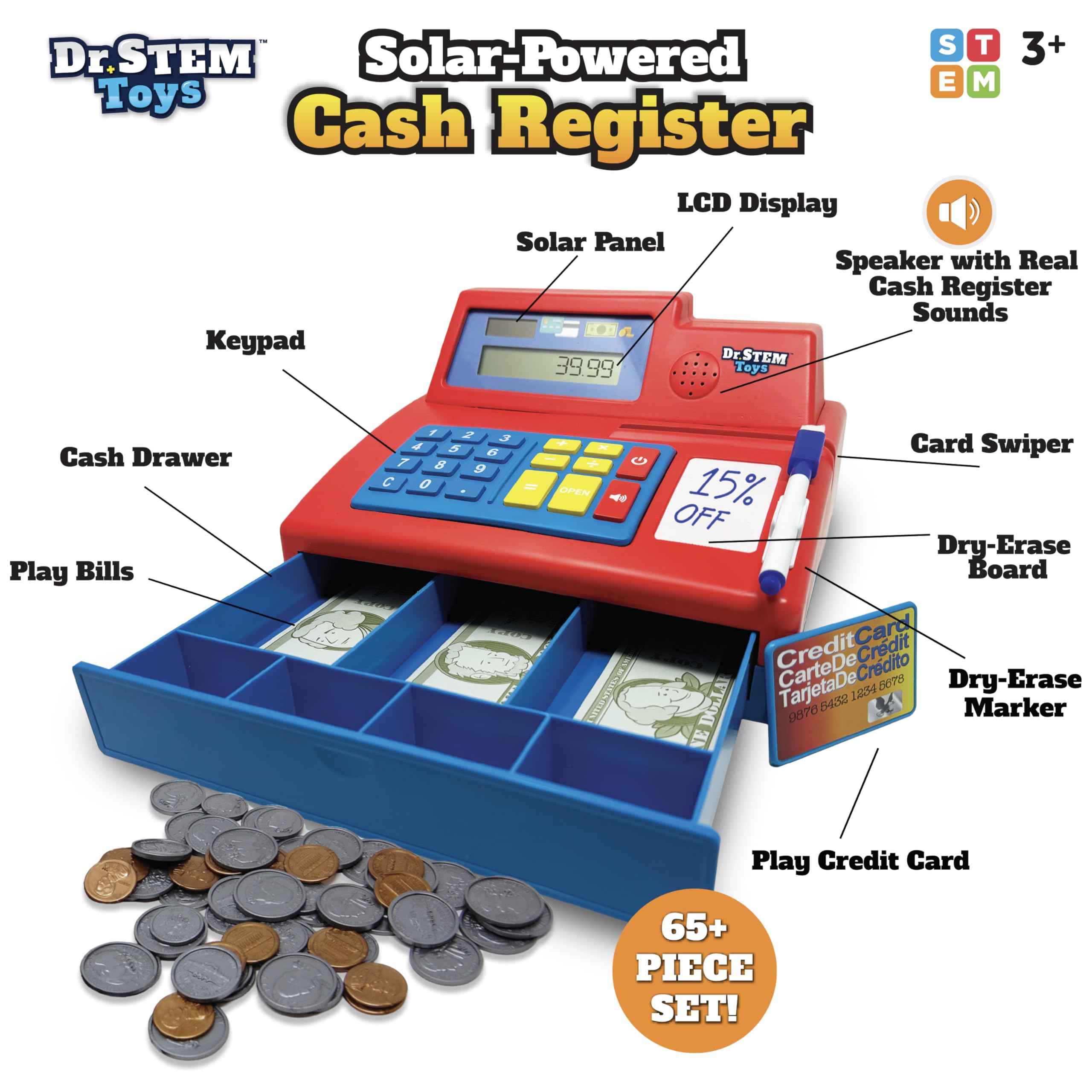 Dr. STEM Toys life-size pretend money bills for realistic math practice.