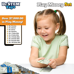 Dr. STEM Toys Play Money box demonstrates organized pretend finance storage.