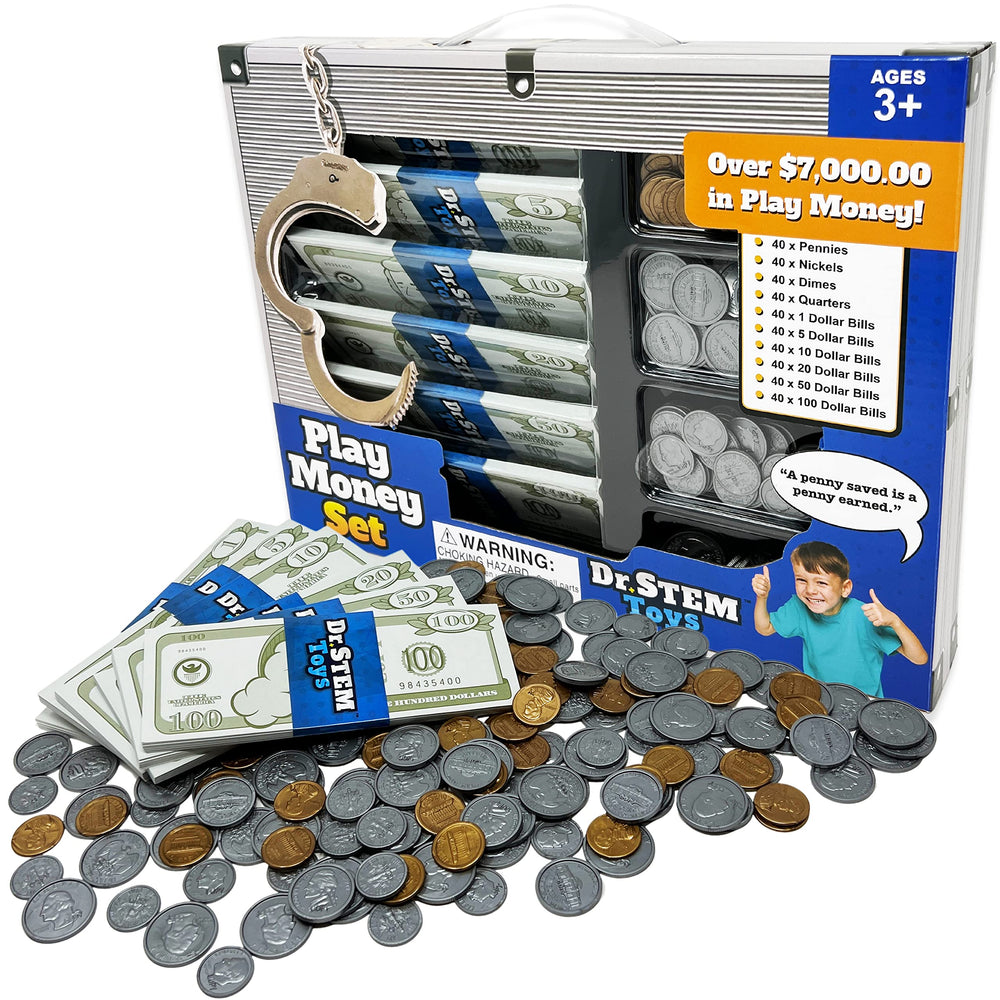 Dr. STEM Toys Play Money coins shown for pretend shopping and early math practice.