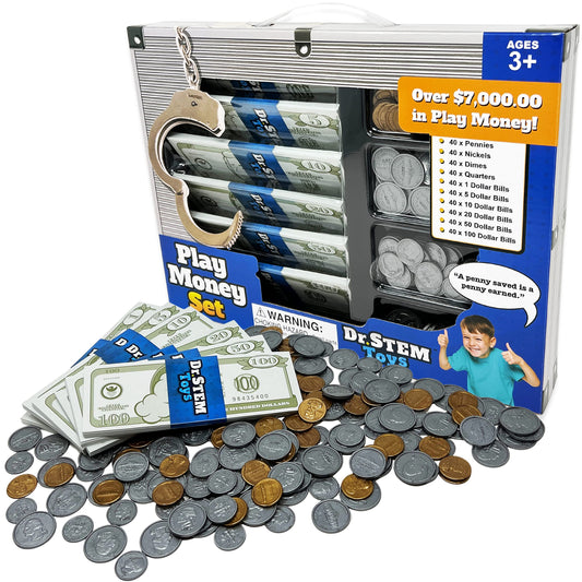 Dr. STEM Toys Play Money coins shown for pretend shopping and early math practice.
