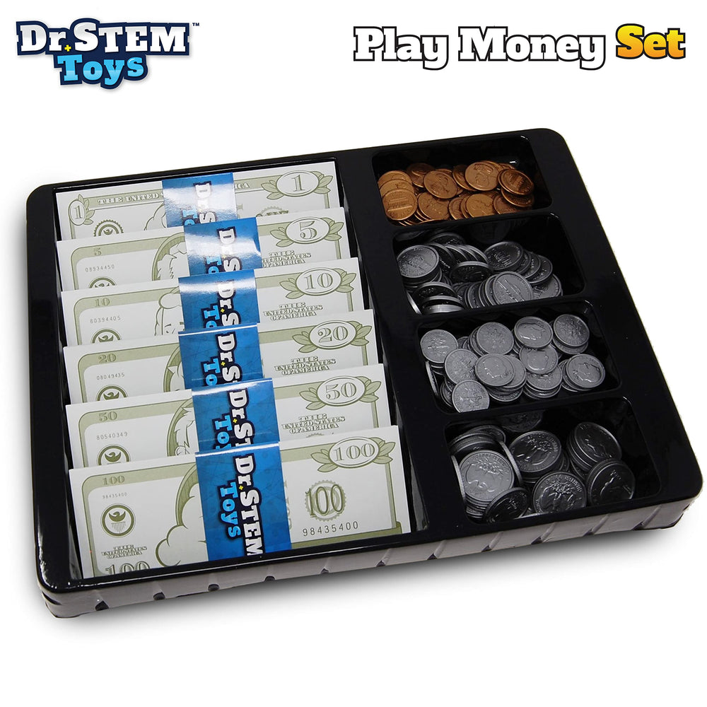 Dr. STEM Toys Play Money counting tray supports quick math practice.