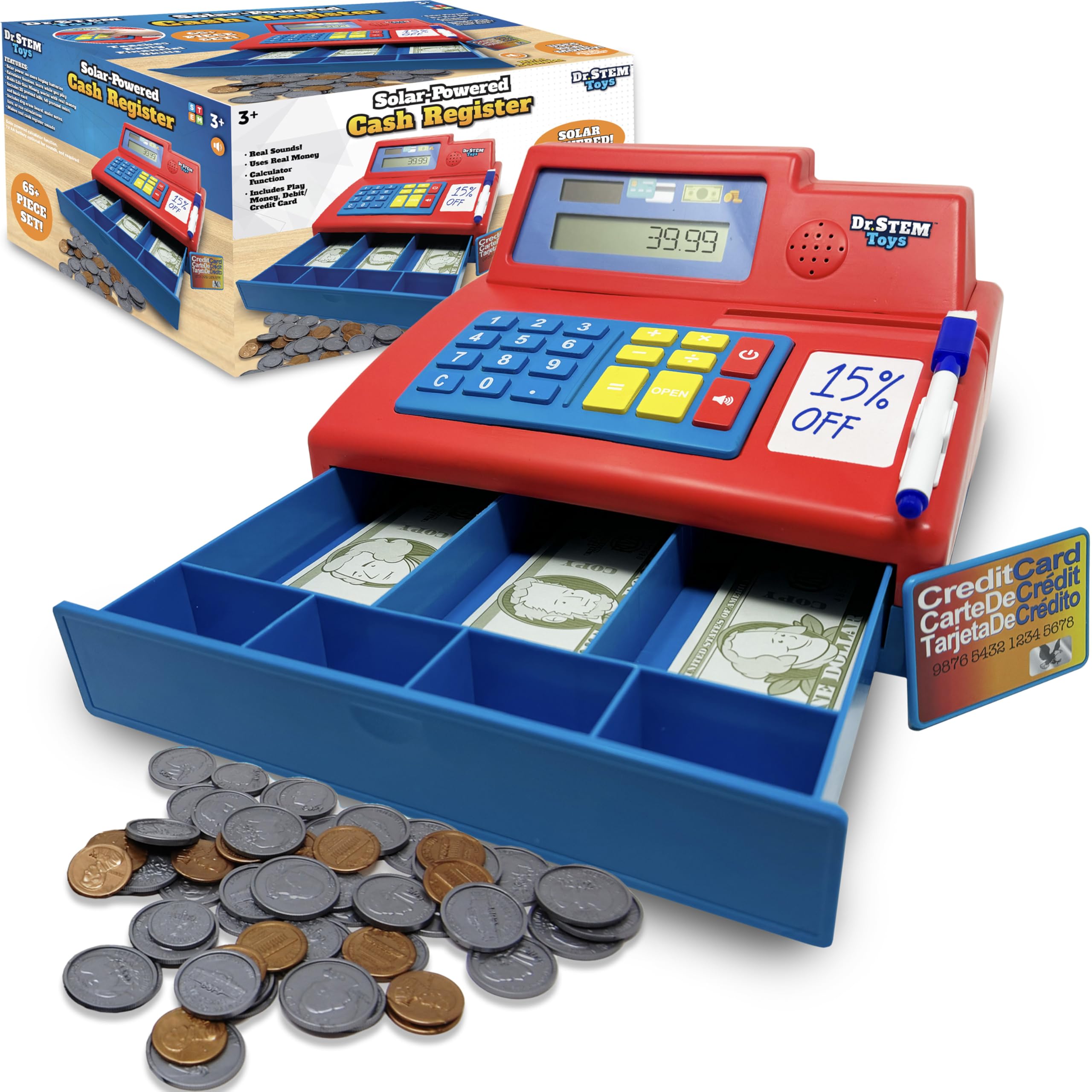 Dr. STEM Toys solar-powered calculator cash register in red for interactive math play.