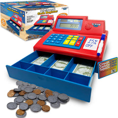 Dr. STEM Toys solar-powered calculator cash register in red for interactive math play.