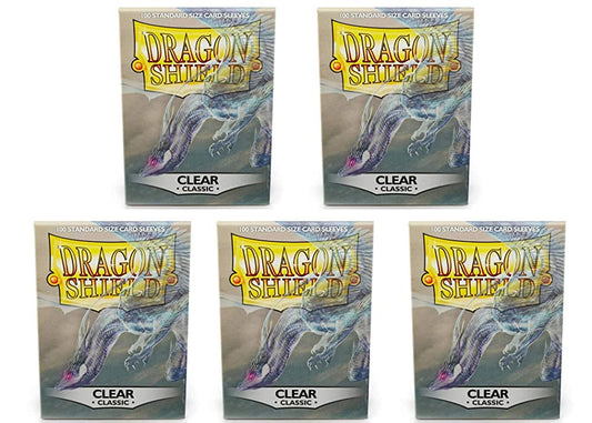 Dragon Shield Classic Clear sleeves boxed in a five-pack set for organized protection