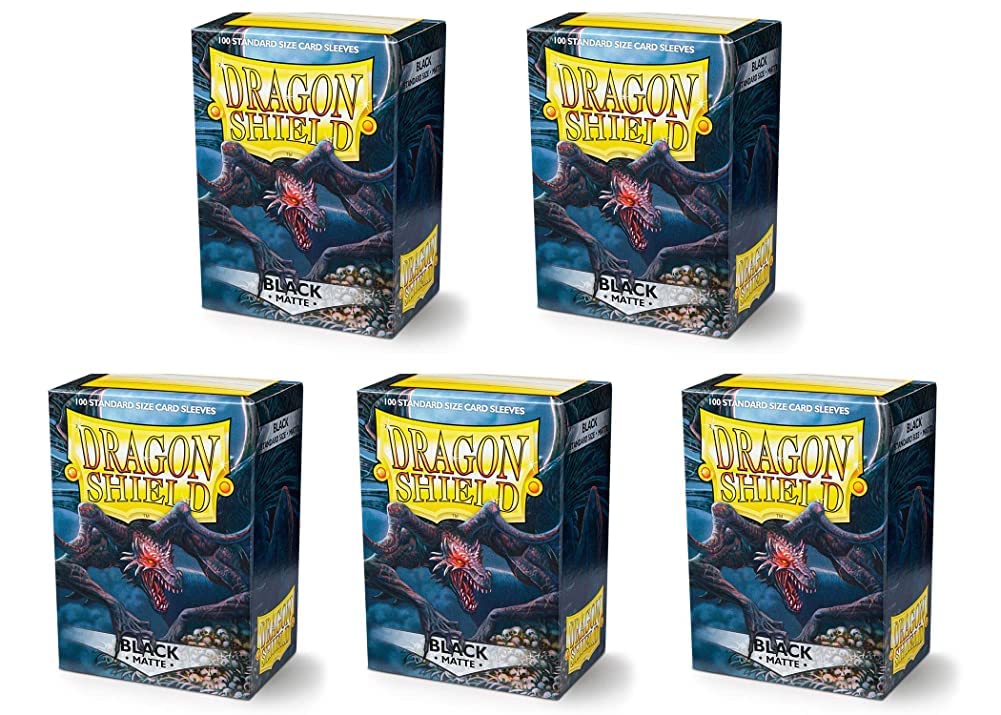 Dragon Shield matte black sleeves box front shows 100 sleeves per box for protection.