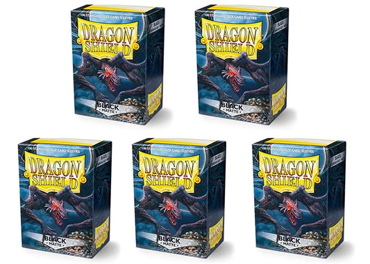 Dragon Shield matte black sleeves box front shows 100 sleeves per box for protection.