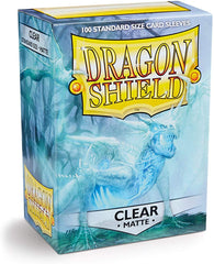 Dragon Shield Matte Clear 100 deck sleeves in a box protect MTG cards and simplify shuffling.