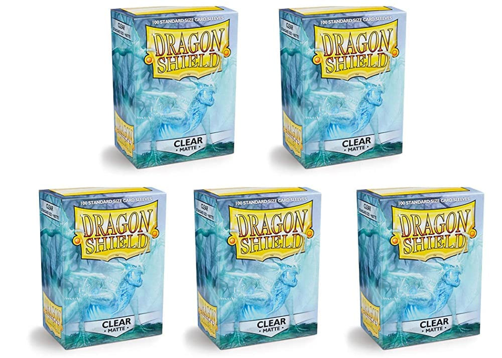 Dragon Shield matte clear standard-size sleeves shown in a five-pack bundle for protection and readability.