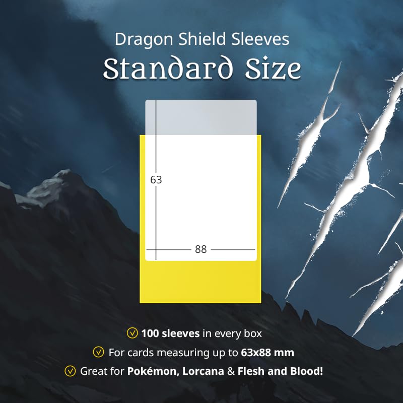 Dragon Shield sleeves fit standard-size cards across major TCGs for versatile use.