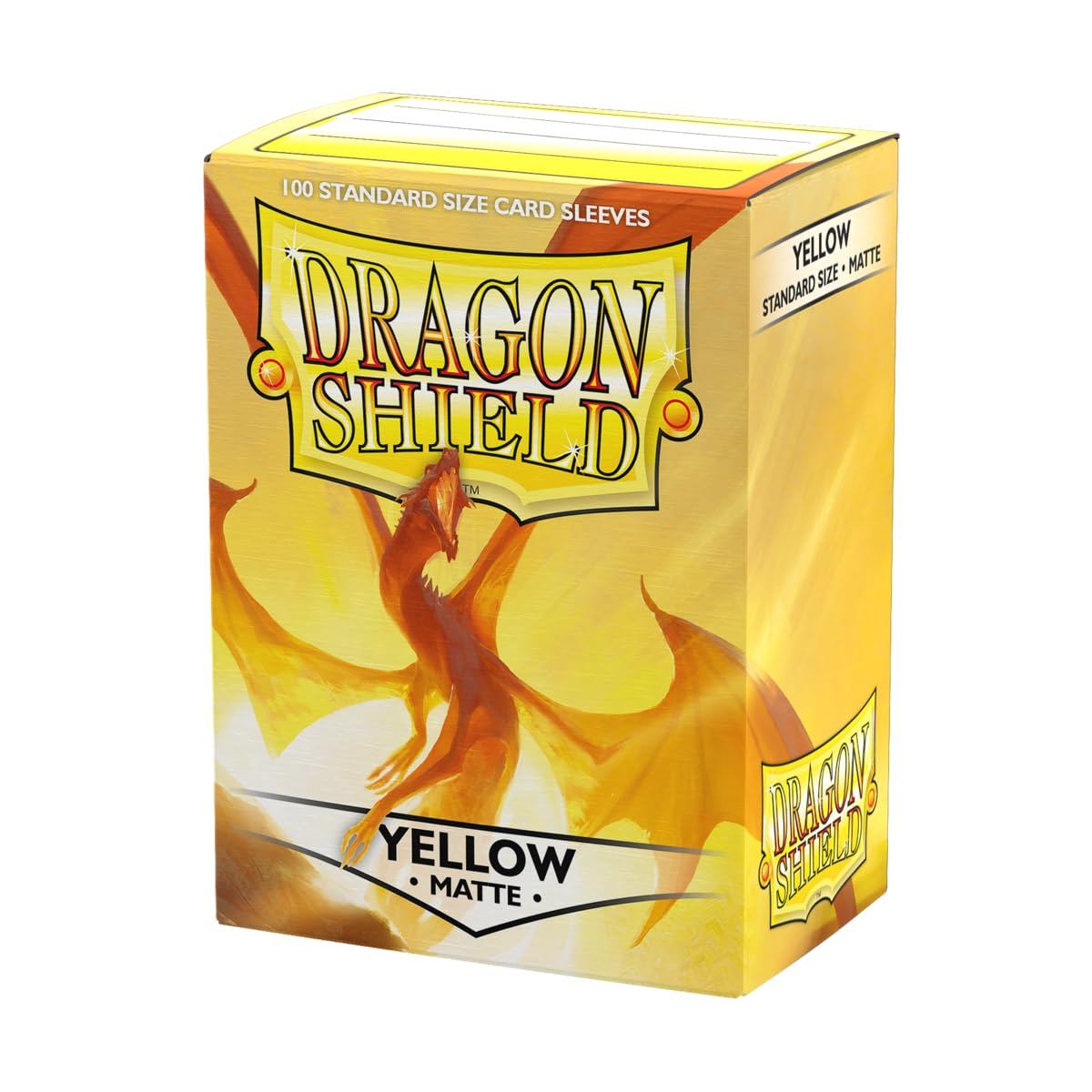 Dragon Shield matte standard-size sleeves in yellow protect cards from wear.