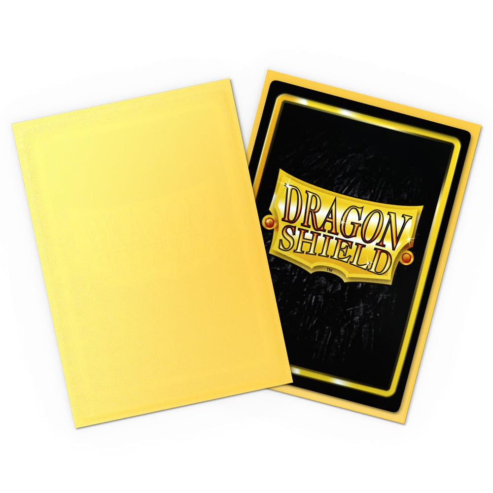 Deck wearing Dragon Shield yellow matte sleeves shows precise 63x88 mm fit.
