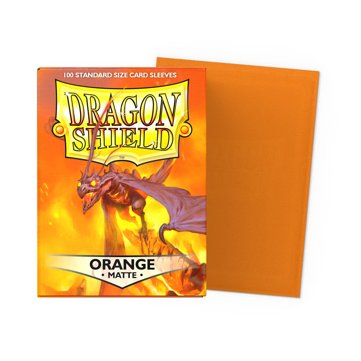 Dragon Shield orange standard-size 100ct sleeves back view showing snug fit.