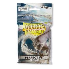 Dragon Shield Perfect Fit Clear Inner Sleeves box display shows 100 sleeves.