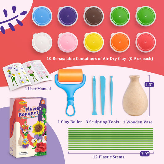 Kids arranging clay flowers into a handmade bouquet from Drama Planet