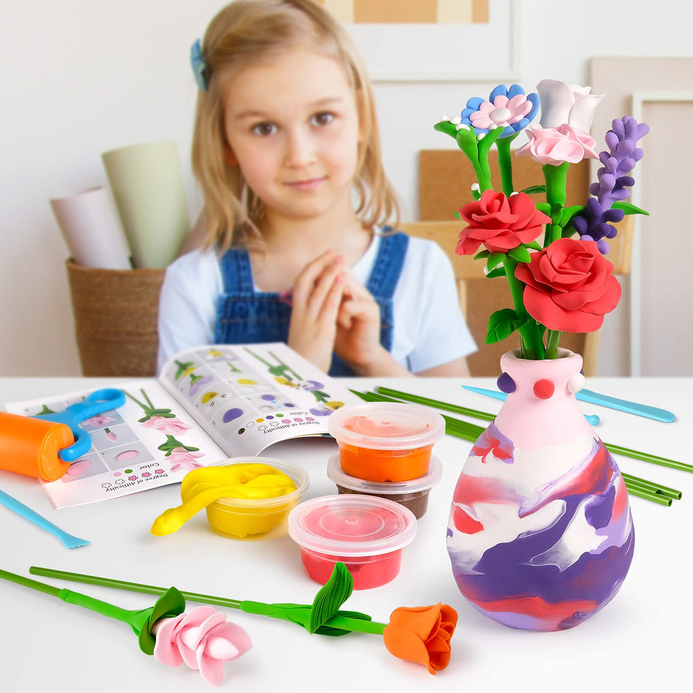 DIY vase arrangement activity using Drama Planet clay flowers