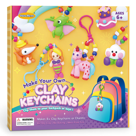 Drama Planet Make Your Own Clay Keychains Kit: full kit for creative backpack charms.