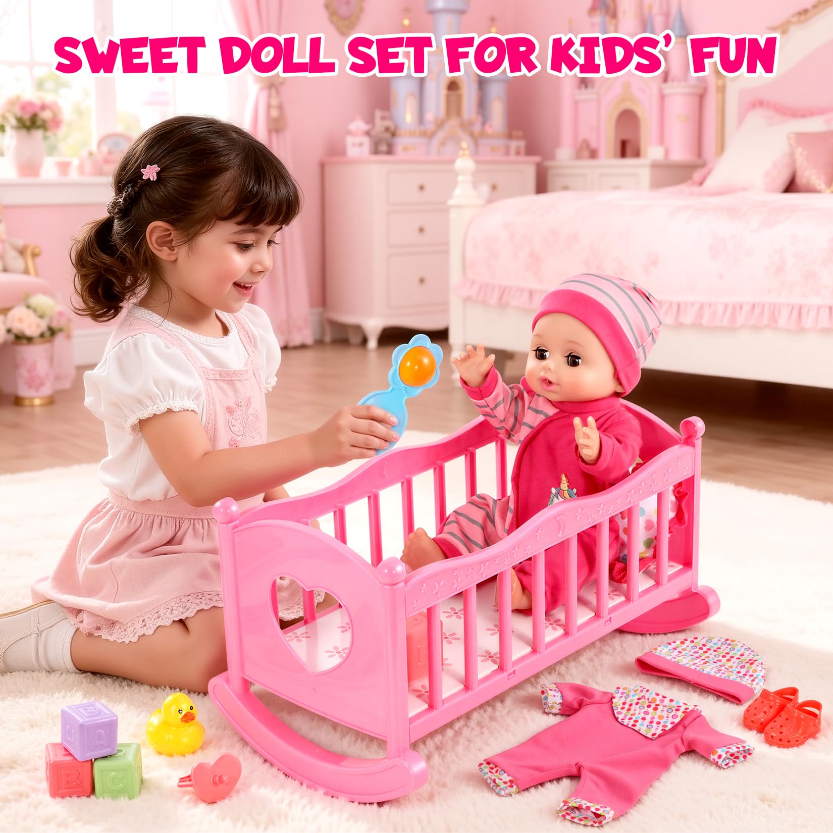 DRAMATION 12inch doll beside high chair supports realistic feeding role play.