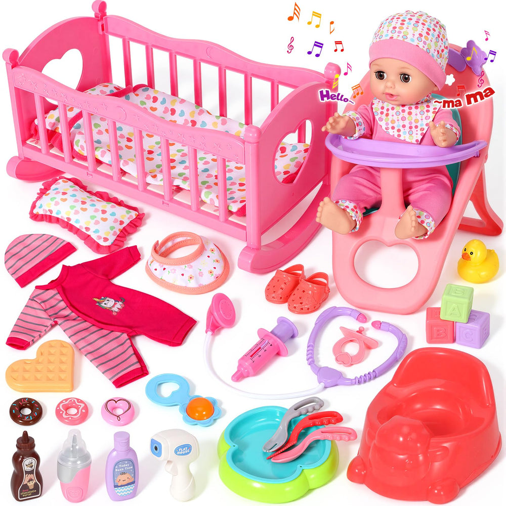 DRAMATION 12inch baby doll with crib enables gentle bedtime pretend play.