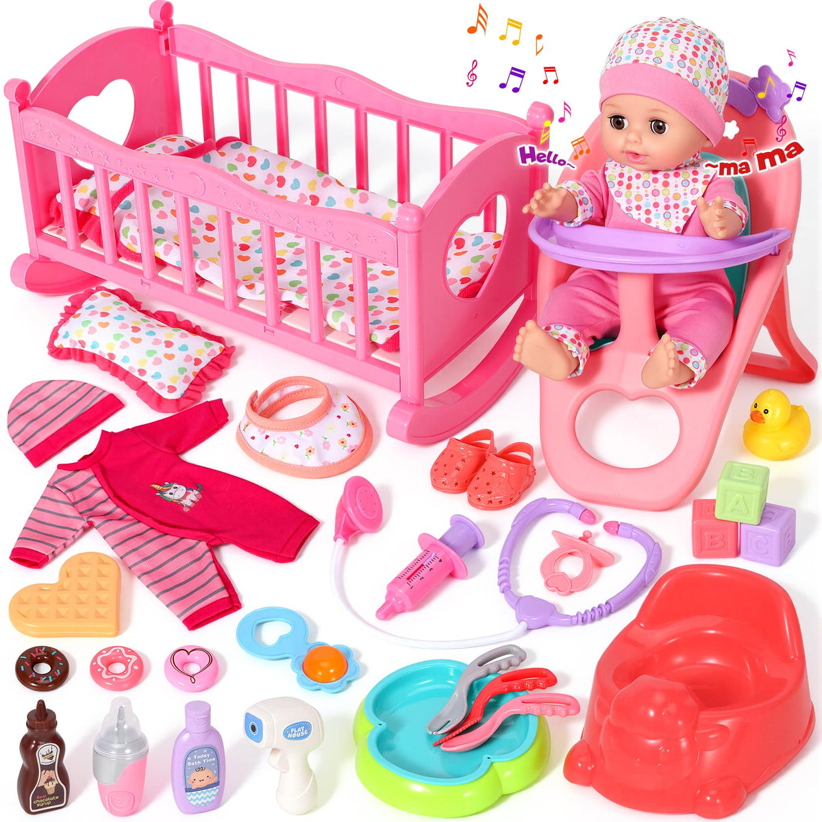 DRAMATION 12inch baby doll with crib enables gentle bedtime pretend play.