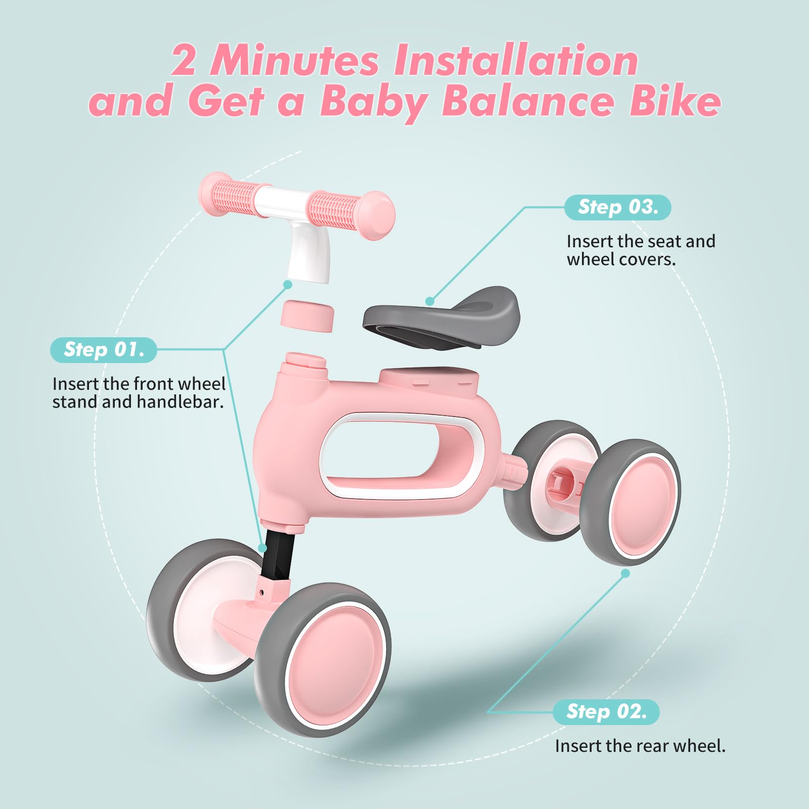 DRAMATION baby balance bike pink 135-degree turning design for safer beginner rides.