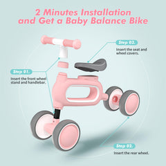 DRAMATION baby balance bike pink 135-degree turning design for safer beginner rides.