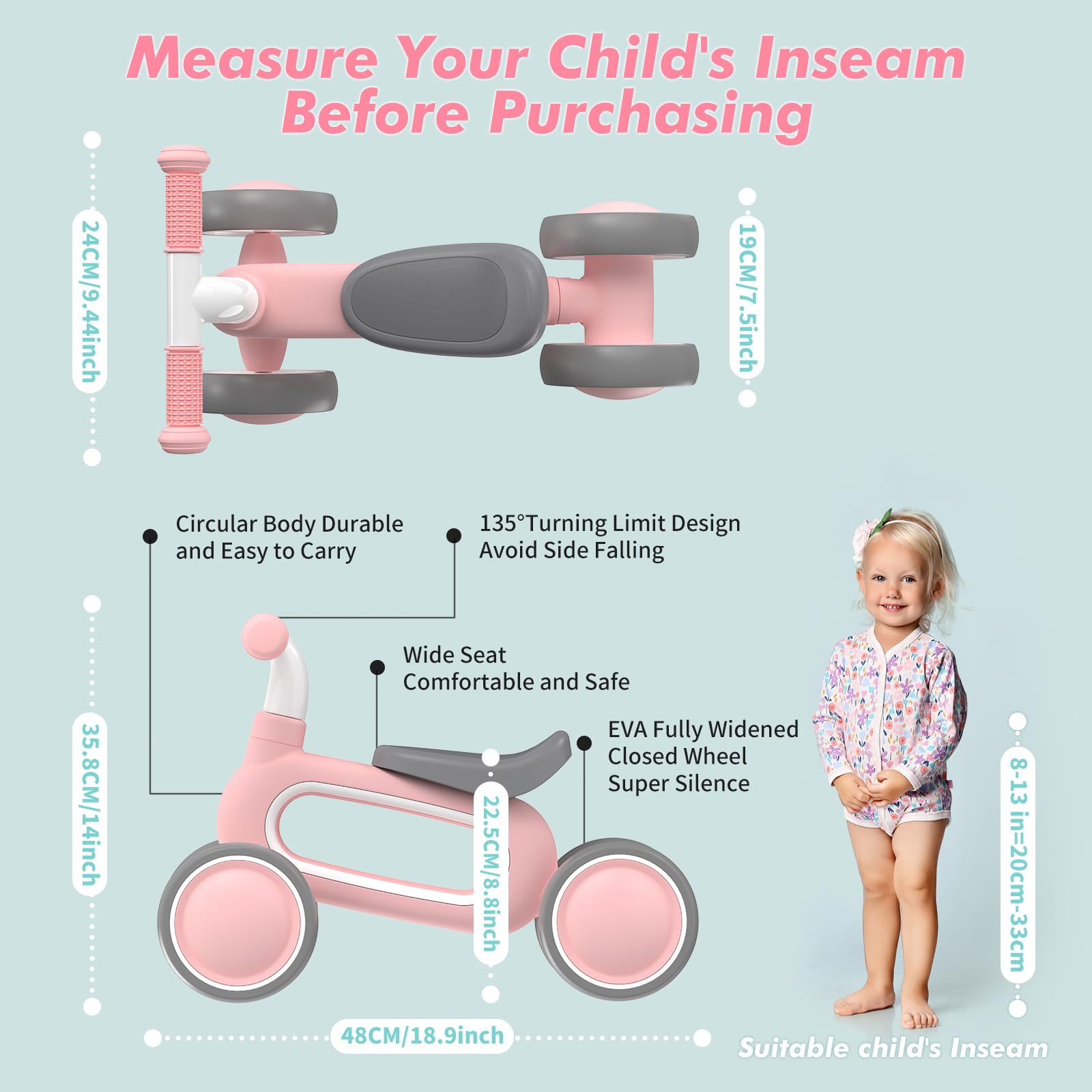DRAMATION baby balance bike pink circular body for effortless carrying and storage.