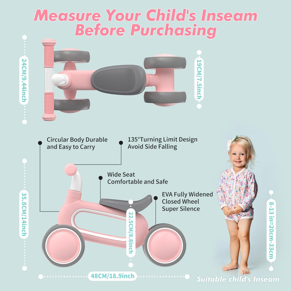 DRAMATION baby balance bike pink circular body for effortless carrying and storage.