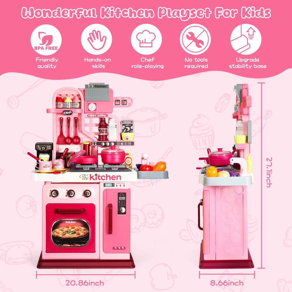 DRAMATION Kids Kitchen shelves and hooks keep play food organized.