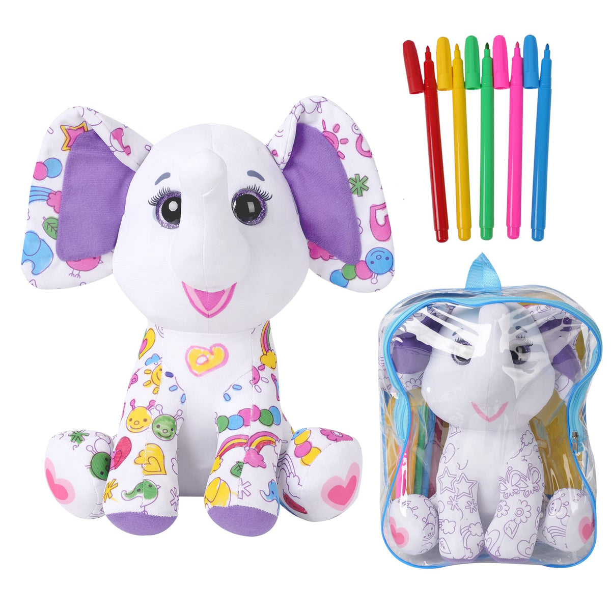 DRAWMYTOY elephant coloring plush front view ready for creative play