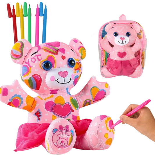 DRAWMYTOY pink bear coloring plush invites creative doodling with washable markers