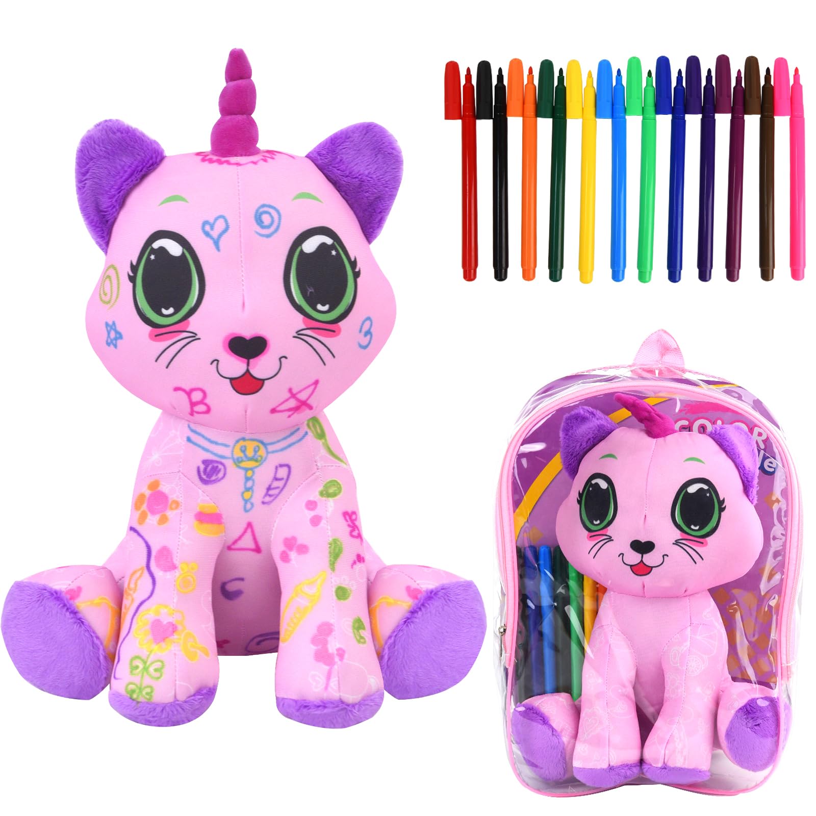 DRAWMYTOY pink cat coloring plush toy ready for creative play