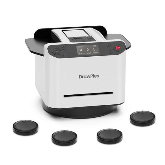 DrawPies automatic card shuffler and dealer with 360-degree rotation for fair dealing.