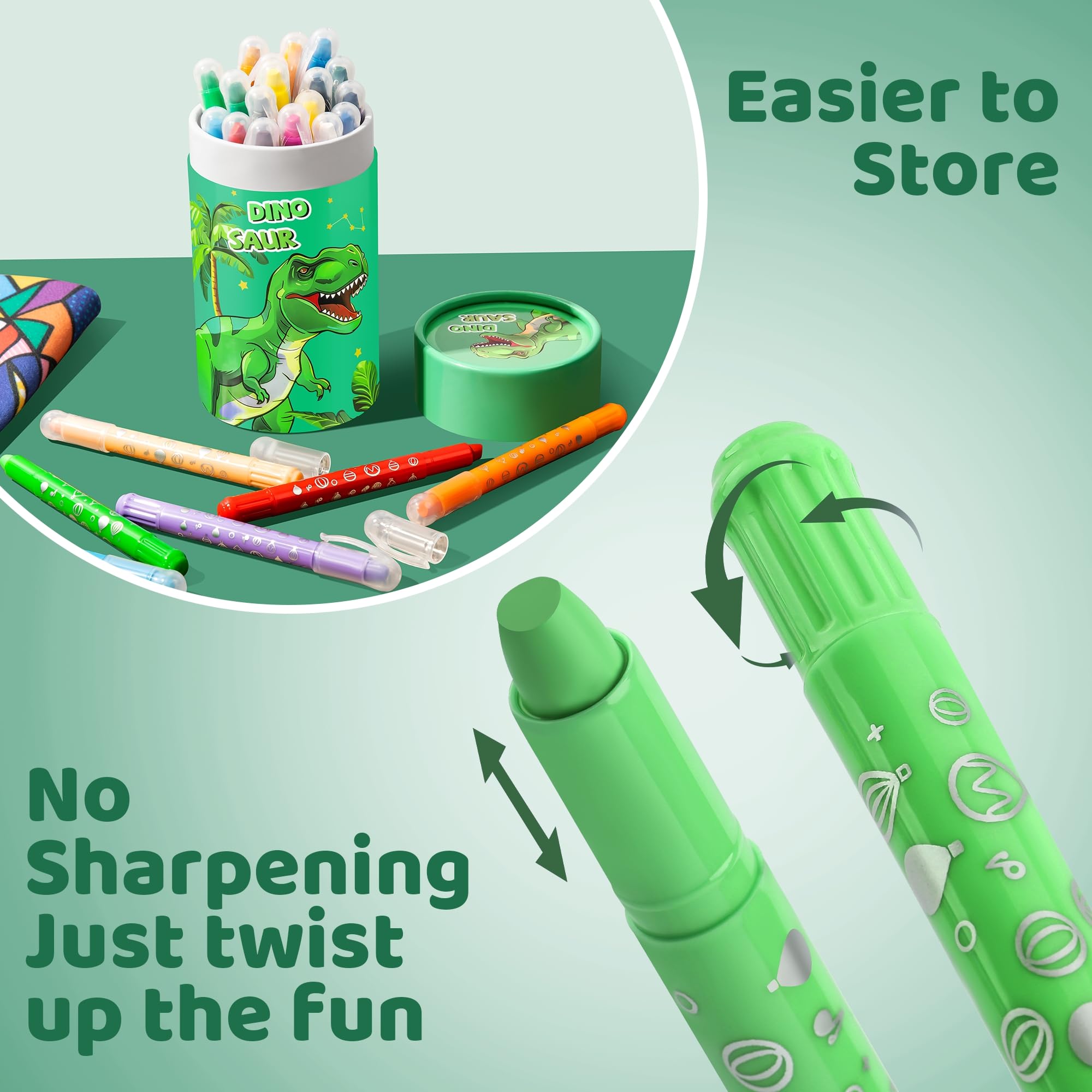 DreamCandy Twist Crayons with Dinosaur Holder keep supplies organized