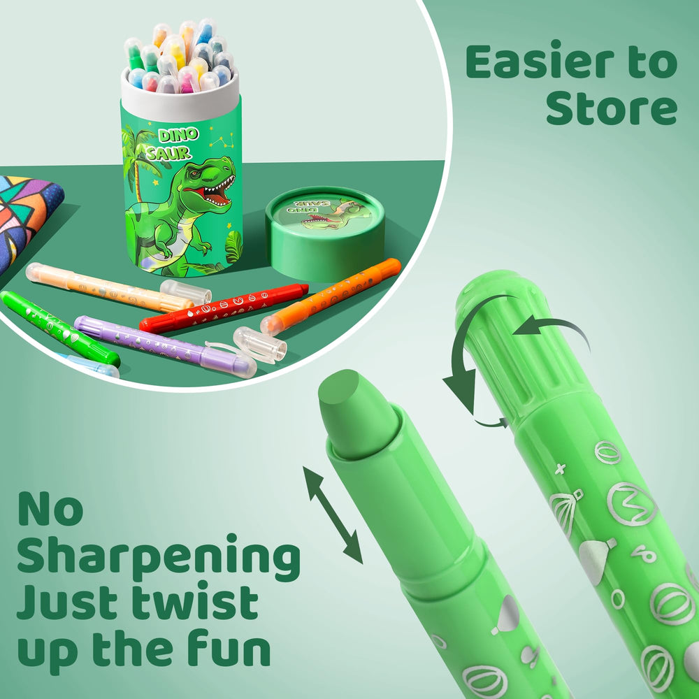 DreamCandy Twist Crayons with Dinosaur Holder keep supplies organized