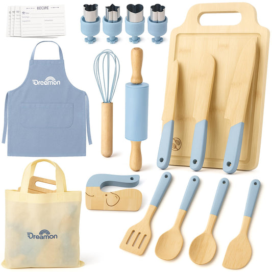 Dreamon 29pcs wooden kids cooking set bundle features real tools for creative play and learning.